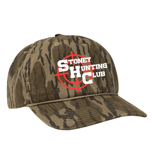 Camo Post Malone merch hat featuring Stoney Hunting Club logo with red target graphic on front outdoor streetwear fan apparel