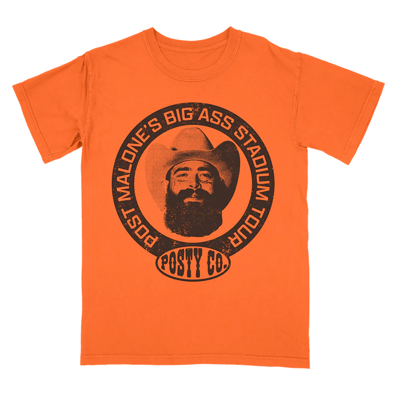 Orange Post Malone merch t-shirt featuring cowboy portrait circle logo graphic and Big Ass Stadium Tour artwork.