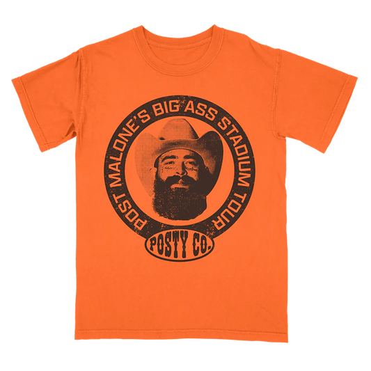 Orange Post Malone merch t-shirt featuring cowboy portrait circle logo graphic and Big Ass Stadium Tour artwork.