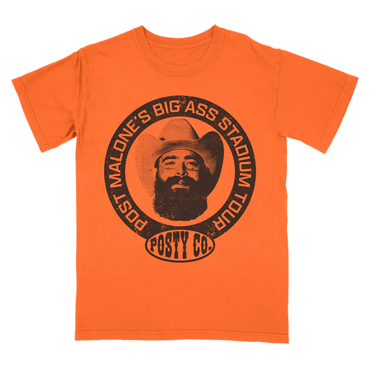 Orange Post Malone merch t-shirt featuring cowboy portrait circle logo graphic and Big Ass Stadium Tour artwork.