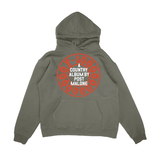 Olive Post Malone merch hoodie featuring F-1 Trillion country album graphic artwork and bold circular back print.
