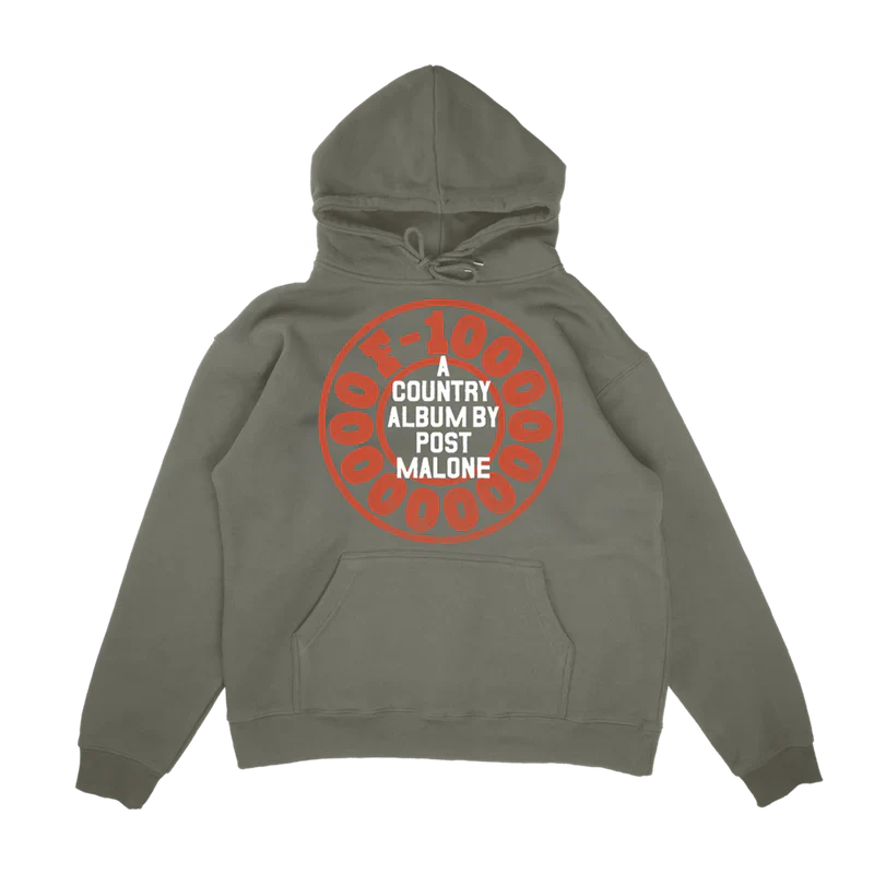 Olive Post Malone merch hoodie featuring F-1 Trillion country album graphic artwork and bold circular back print.