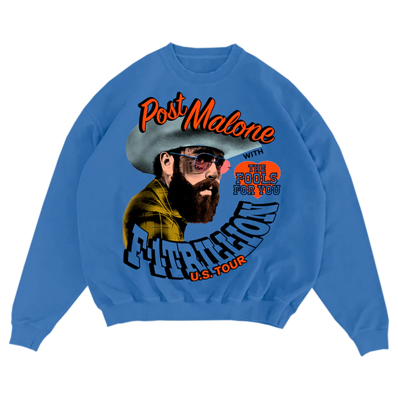 Blue Post Malone merch crewneck sweatshirt featuring F1 Trillion tour graphic with portrait and Fools For You design on front streetwear fan apparel