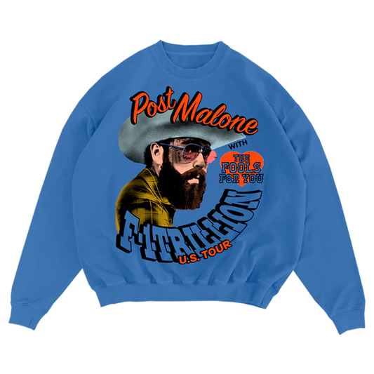 Blue Post Malone merch crewneck sweatshirt featuring F1 Trillion tour graphic with portrait and Fools For You design on front streetwear fan apparel