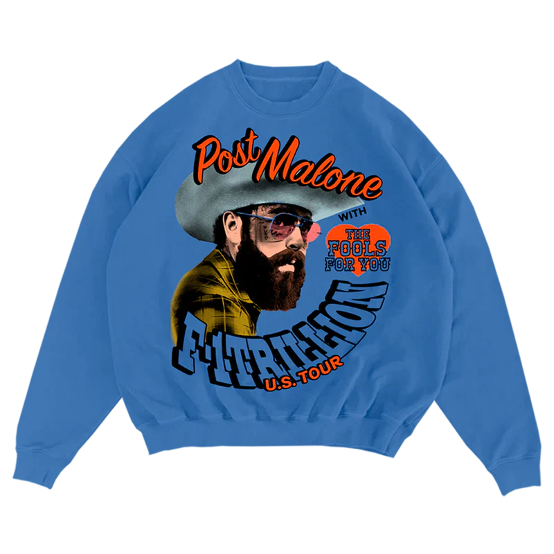 Blue Post Malone merch crewneck sweatshirt featuring F1 Trillion tour graphic with portrait and Fools For You design on front streetwear fan apparel
