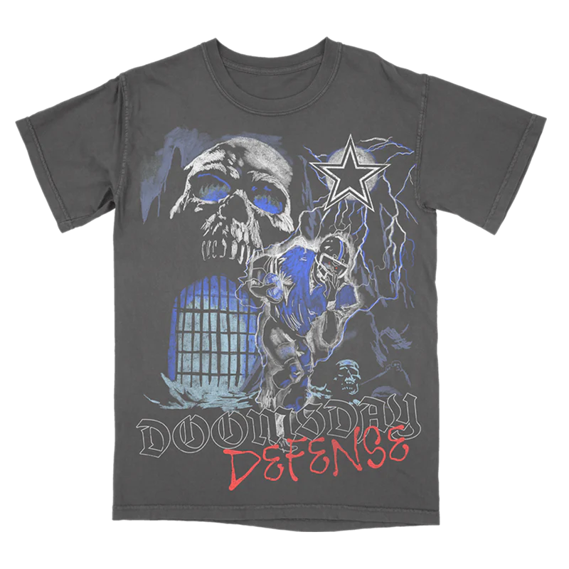 Charcoal Post Malone merch t-shirt featuring Dallas Cowboys skull football graphic and Doomsday Defense artwork.