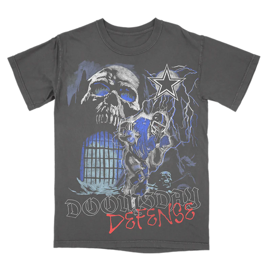 Charcoal Post Malone merch t-shirt featuring Dallas Cowboys skull football graphic and Doomsday Defense artwork.