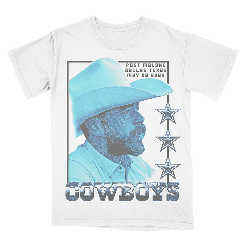 White Post Malone merch t-shirt featuring Dallas Cowboys inspired cowboy portrait graphic and chrome western logo print.
