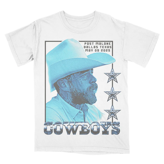 White Post Malone merch t-shirt featuring Dallas Cowboys inspired cowboy portrait graphic and chrome western logo print.