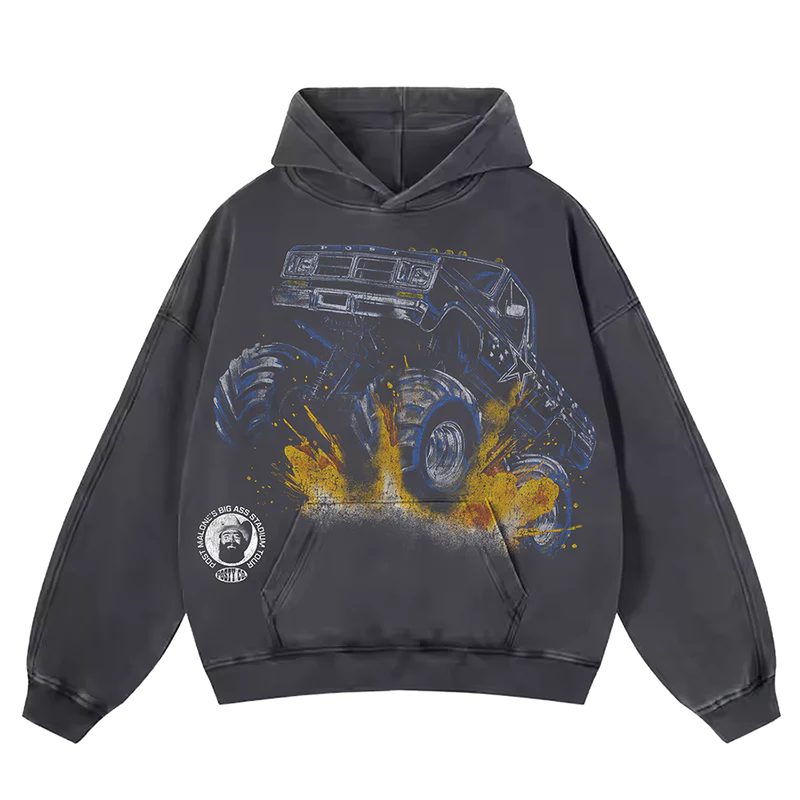 Charcoal Post Malone merch hoodie featuring Dallas Cowboys monster truck graphic artwork and oversized tour streetwear design.