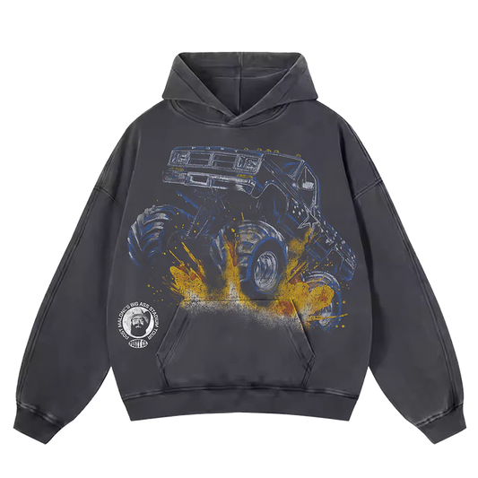 Charcoal Post Malone merch hoodie featuring Dallas Cowboys monster truck graphic artwork and oversized tour streetwear design.