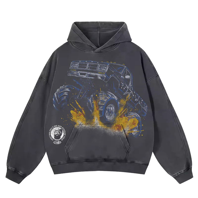 Charcoal Post Malone merch hoodie featuring Dallas Cowboys monster truck graphic artwork and oversized tour streetwear design.