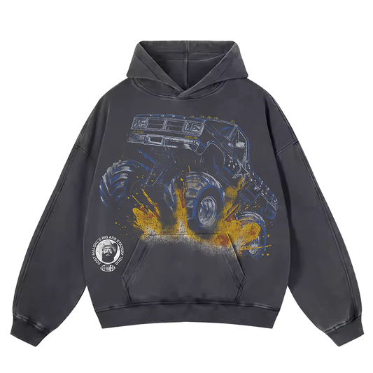Charcoal Post Malone merch hoodie featuring Dallas Cowboys monster truck graphic artwork and oversized tour streetwear design.