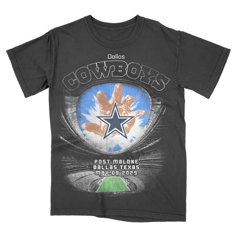 Black Post Malone merch t-shirt featuring Dallas Cowboys stadium graphic artwork and football inspired tour design.