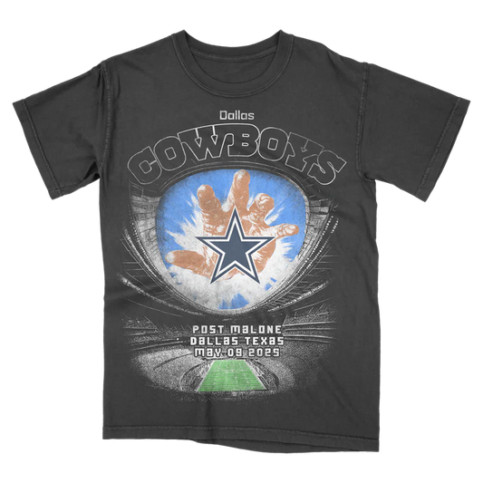 Black Post Malone merch t-shirt featuring Dallas Cowboys stadium graphic artwork and football inspired tour design.