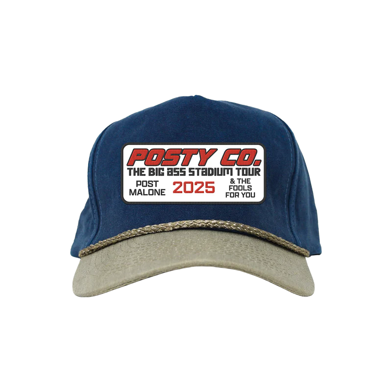 Blue denim Post Malone merch hat with stitched logo patch and 2025 stadium tour design on front official fan apparel