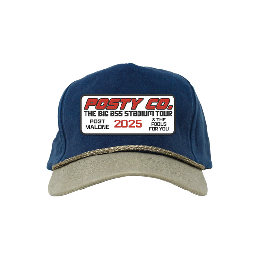 Blue denim Post Malone merch hat with stitched logo patch and 2025 stadium tour design on front official fan apparel