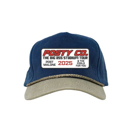 Blue denim Post Malone merch hat with stitched logo patch and 2025 stadium tour design on front official fan apparel