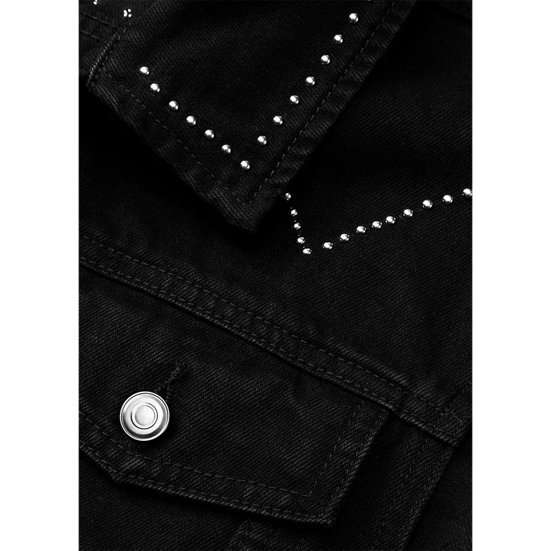 Closeup of black Post Malone merch denim vest collar with silver stud accents and premium streetwear detailing.