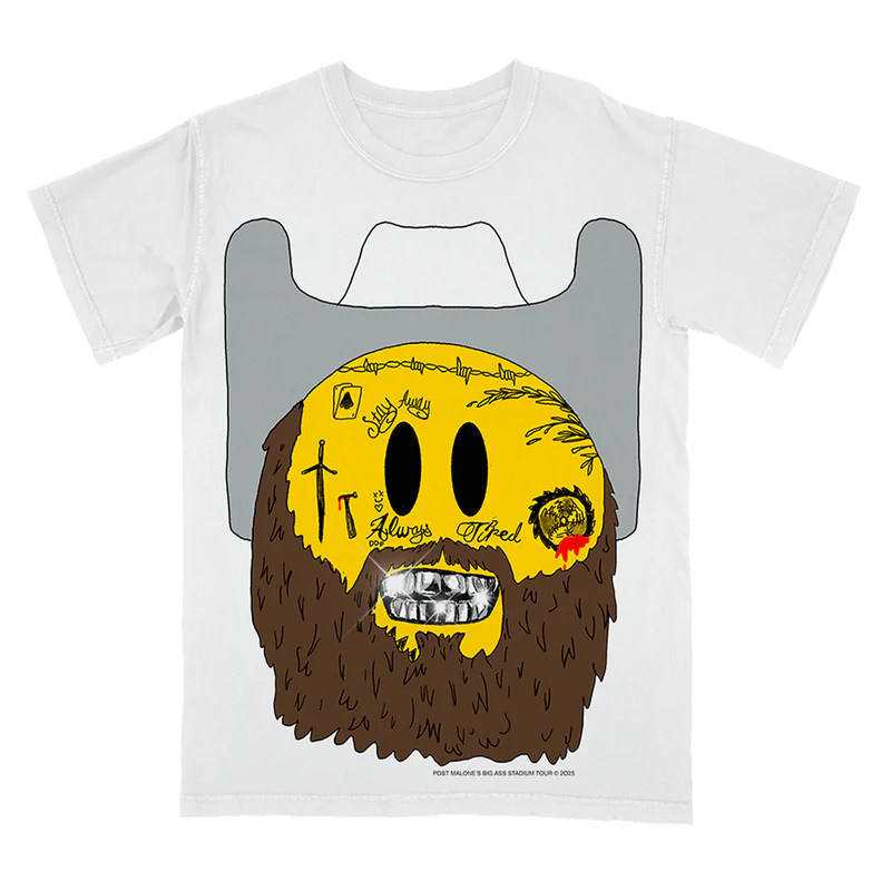 White Post Malone merch t-shirt featuring cowboy emoji face graphic artwork and Big Ass Stadium Tour design.