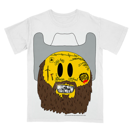 White Post Malone merch t-shirt featuring cowboy emoji face graphic artwork and Big Ass Stadium Tour design.
