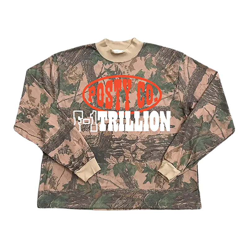Camo Post Malone merch long sleeve featuring Posty Co F-1 Trillion logo graphic and hunting inspired streetwear design.
