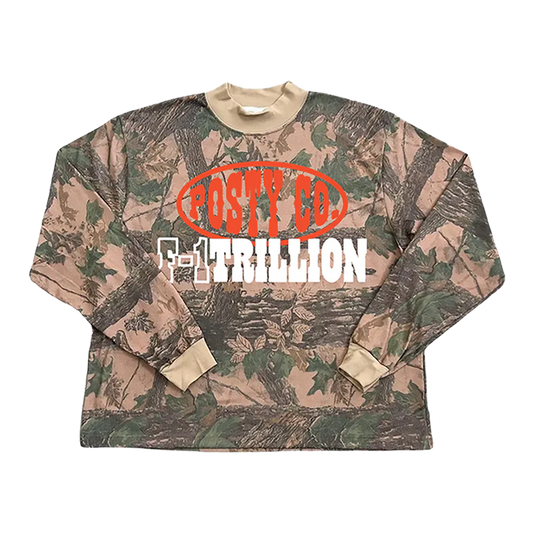 Camo Post Malone merch long sleeve featuring Posty Co F-1 Trillion logo graphic and hunting inspired streetwear design.