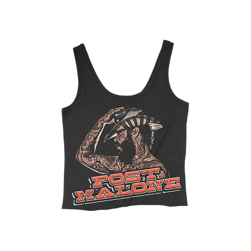 Black Post Malone merch cropped tank featuring F-1 Trillion cowboy graphic artwork and bold vintage logo front print.