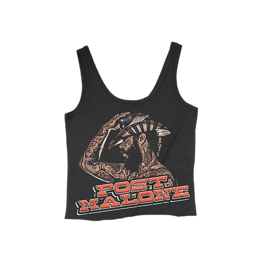 Black Post Malone merch cropped tank featuring F-1 Trillion cowboy graphic artwork and bold vintage logo front print.