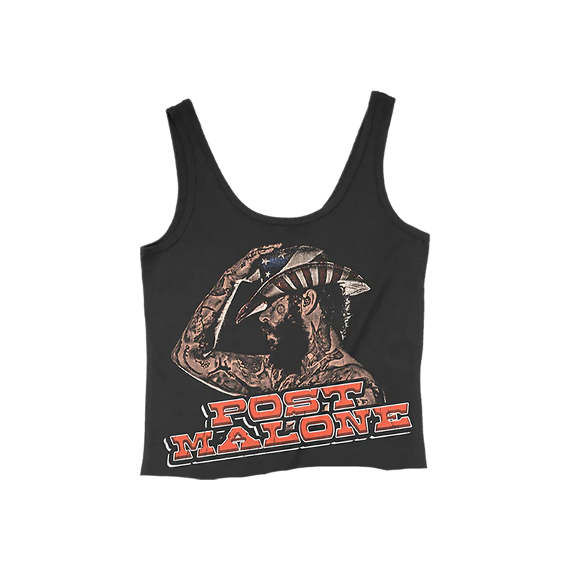 Black Post Malone merch cropped tank featuring F-1 Trillion cowboy graphic artwork and bold vintage logo front print.