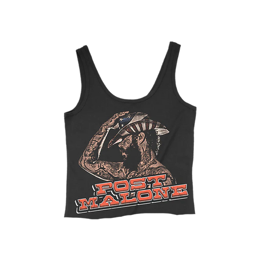Black Post Malone merch cropped tank featuring F-1 Trillion cowboy graphic artwork and bold vintage logo front print.