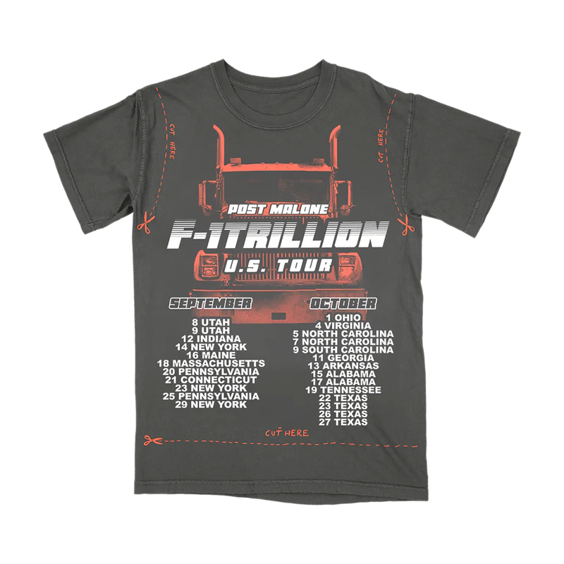 Charcoal Post Malone F-1 Trillion tour t shirt with truck graphic, DIY cut lines, and U.S. tour dates design