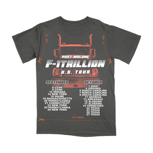 Charcoal Post Malone F-1 Trillion tour t shirt with truck graphic, DIY cut lines, and U.S. tour dates design