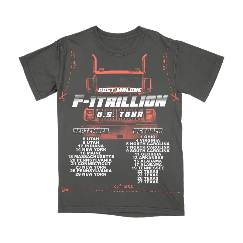 Charcoal Post Malone F-1 Trillion tour t shirt with truck graphic, DIY cut lines, and U.S. tour dates design