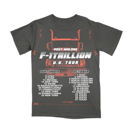 Charcoal Post Malone F-1 Trillion tour t shirt with truck graphic, DIY cut lines, and U.S. tour dates design
