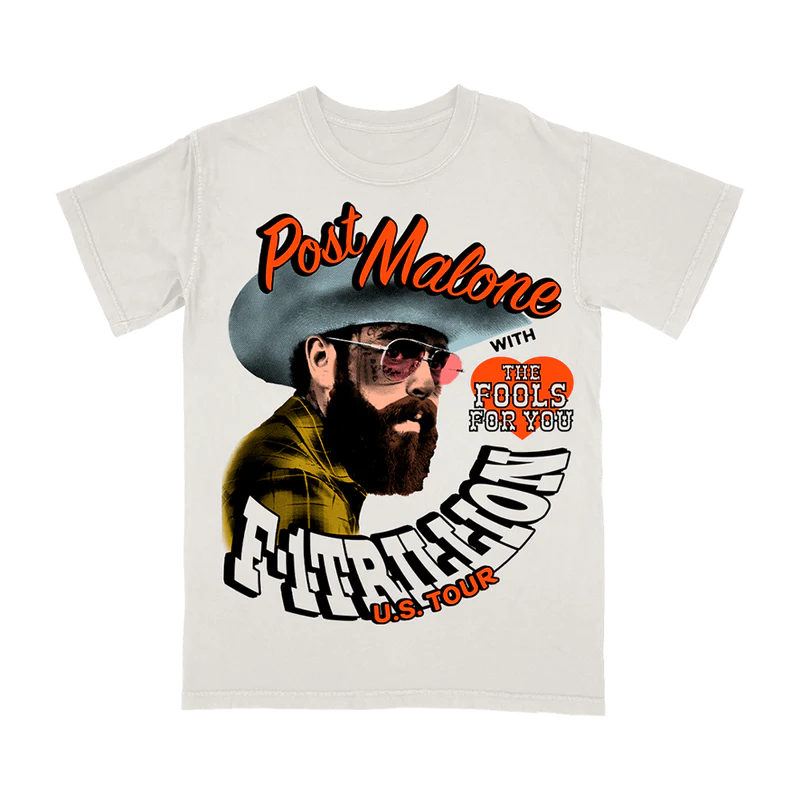 White Post Malone merch t-shirt featuring F-1 Trillion cowboy portrait graphic and U.S. Tour typography front print.
