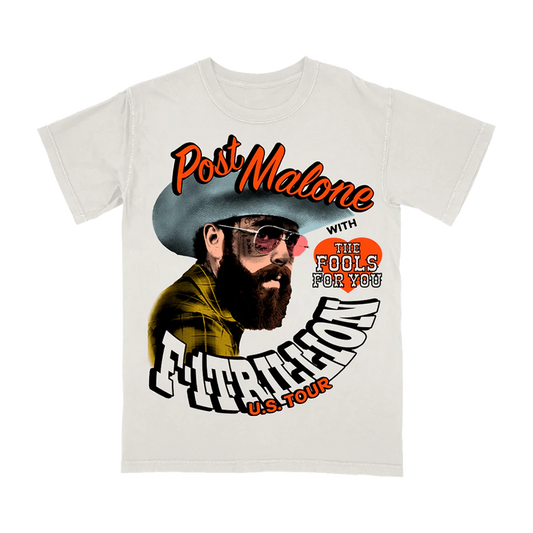 White Post Malone merch t-shirt featuring F-1 Trillion cowboy portrait graphic and U.S. Tour typography front print.