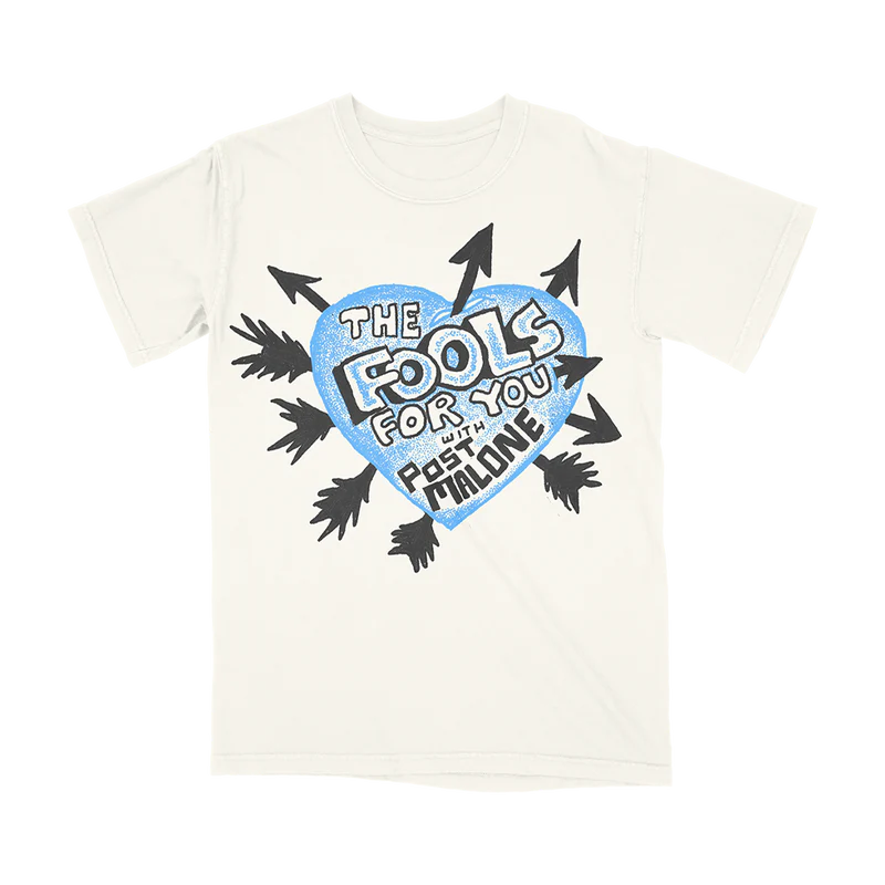 White Post Malone merch t-shirt featuring blue heart graphic with arrow artwork and Fools For You typography print.