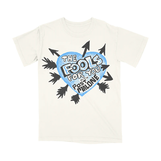 White Post Malone merch t-shirt featuring blue heart graphic with arrow artwork and Fools For You typography print.