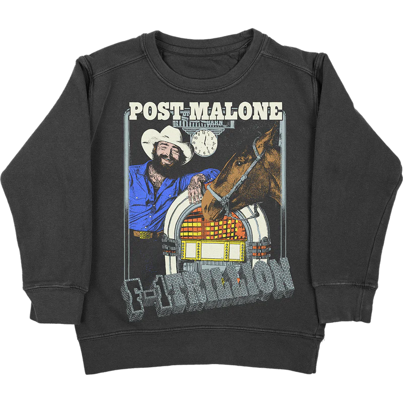 Black Post Malone merch crewneck featuring F-1 Trillion jukebox graphic with cowboy artwork and horse design front print.