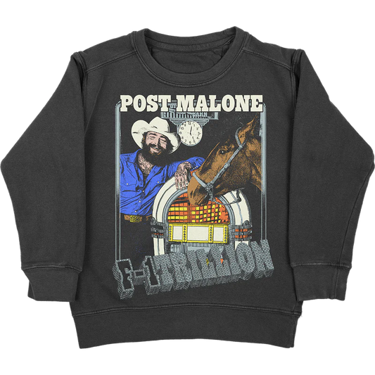 Black Post Malone merch crewneck featuring F-1 Trillion jukebox graphic with cowboy artwork and horse design front print.