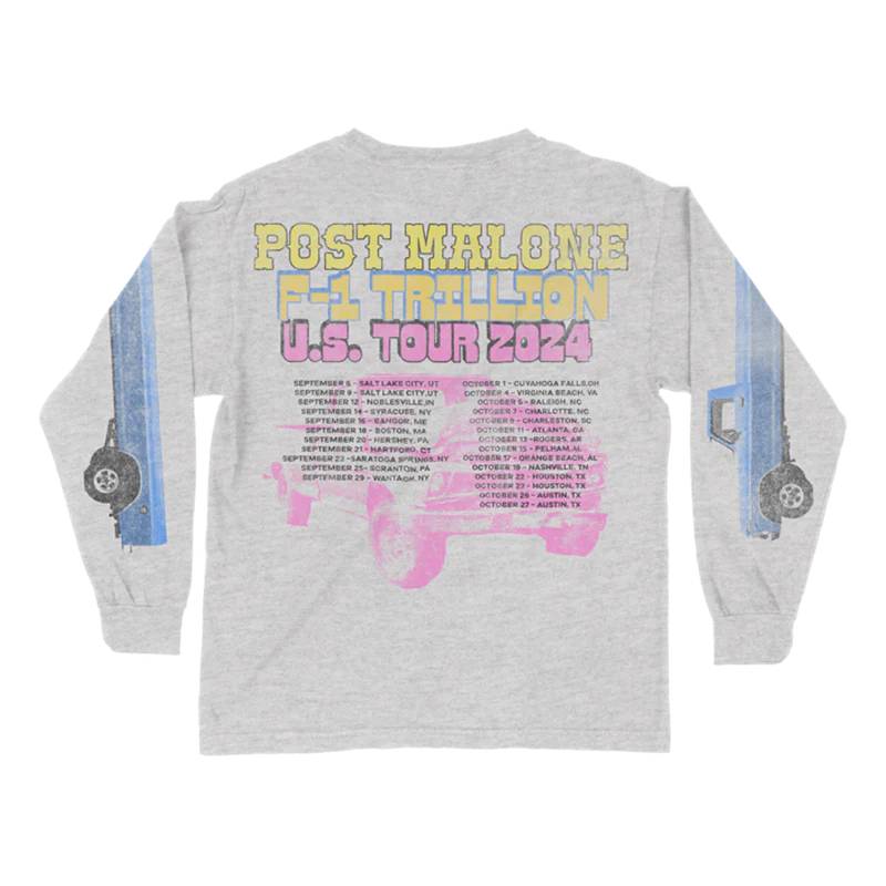 Gray Post Malone merch long sleeve with F-1 Trillion U.S. Tour 2024 back graphic and tour date print artwork.