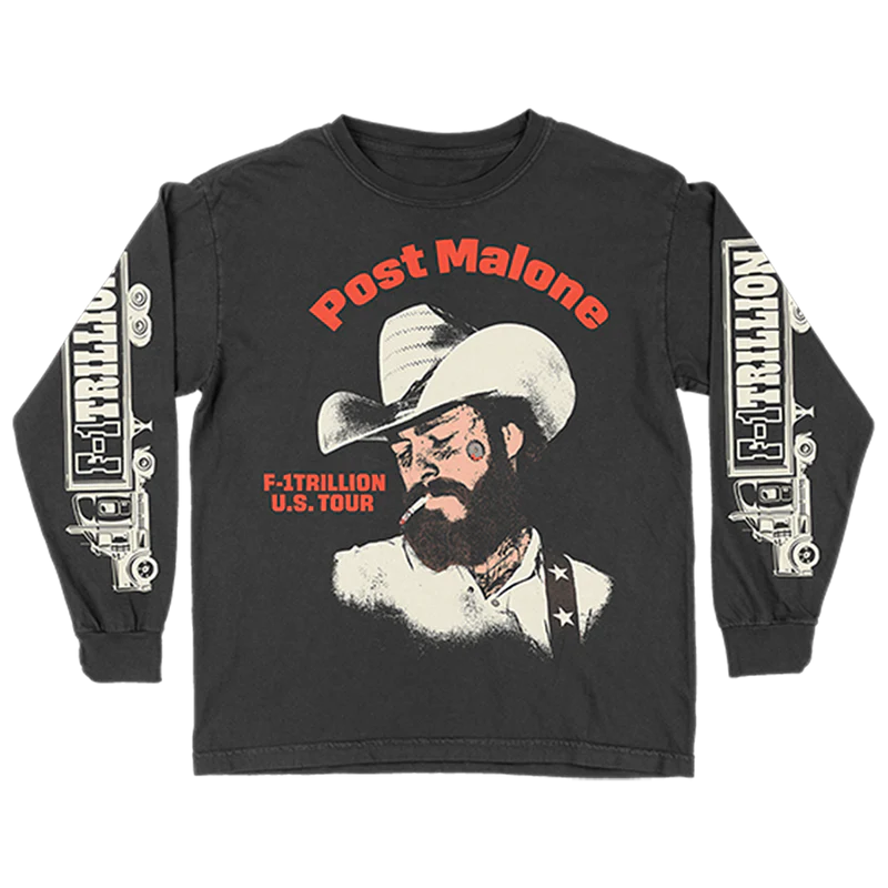 Black Post Malone merch long sleeve featuring F-1 Trillion U.S. Tour cowboy portrait graphic and truck sleeve artwork.