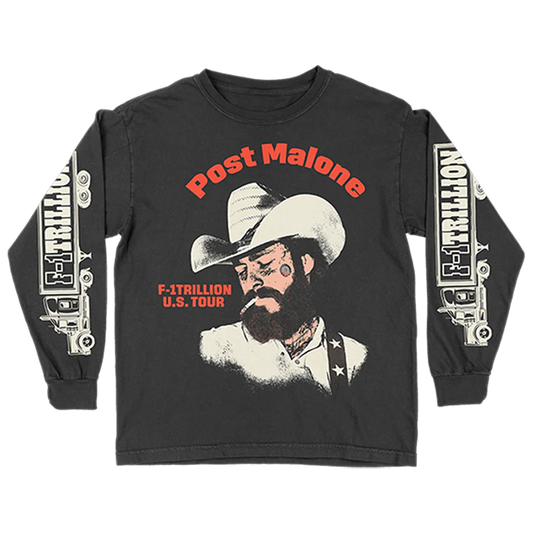Black Post Malone merch long sleeve featuring F-1 Trillion U.S. Tour cowboy portrait graphic and truck sleeve artwork.