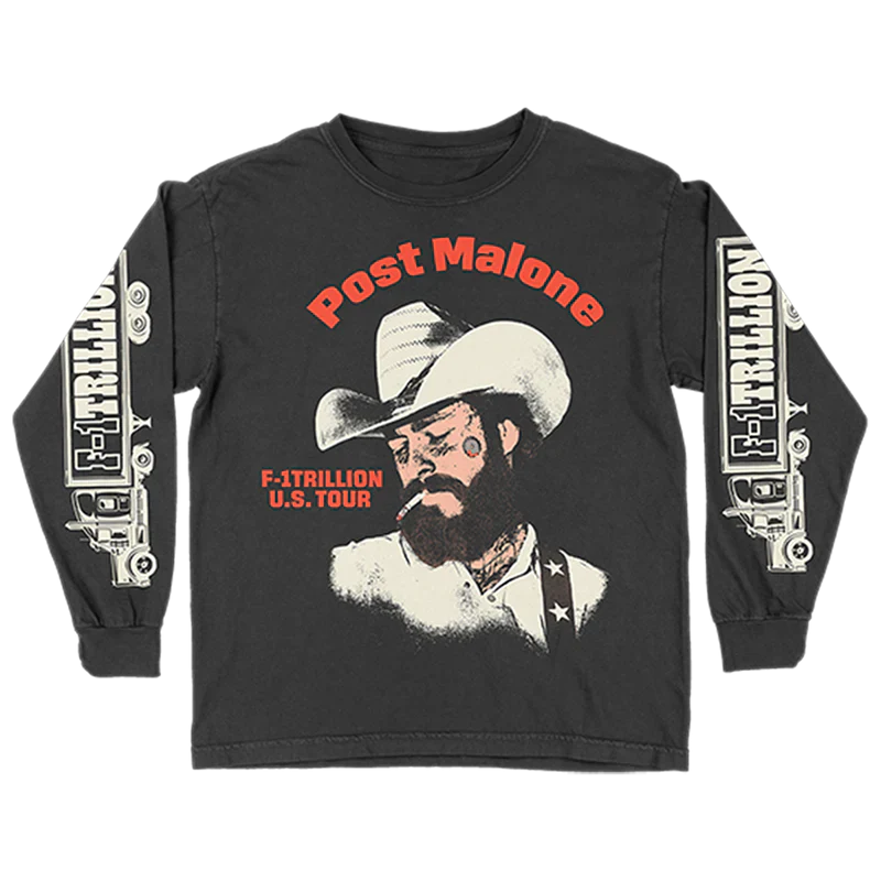 Black Post Malone merch long sleeve featuring F-1 Trillion U.S. Tour cowboy portrait graphic and truck sleeve artwork.