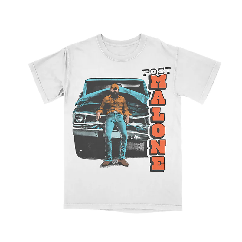 White Post Malone merch t-shirt featuring cowboy truck graphic artwork and bold vertical Malone logo front print.