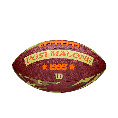 Brown camo Post Malone merch football with Post Malone text and 1995 graphic on front official Wilson fan gear