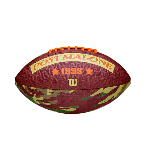 Brown camo Post Malone merch football featuring 1995 logo text and orange laces on front official Wilson fan gear