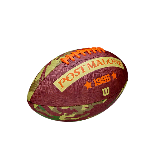 Brown camo Post Malone merch football angled view with Post Malone text and camouflage design official fan gear
