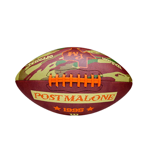 Brown camo Post Malone merch football with orange laces and logo graphic on front official Wilson collaboration fan gear